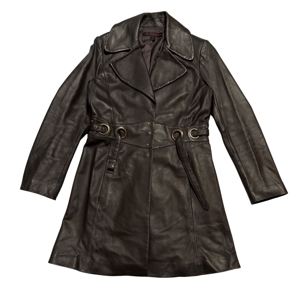 Via Spiga Leather Jacket Women Small Brown Belted Grommet Trench Coat
